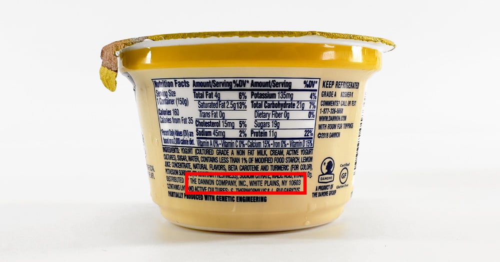 Oikos yogurt example of FDA requirement: name and business of business