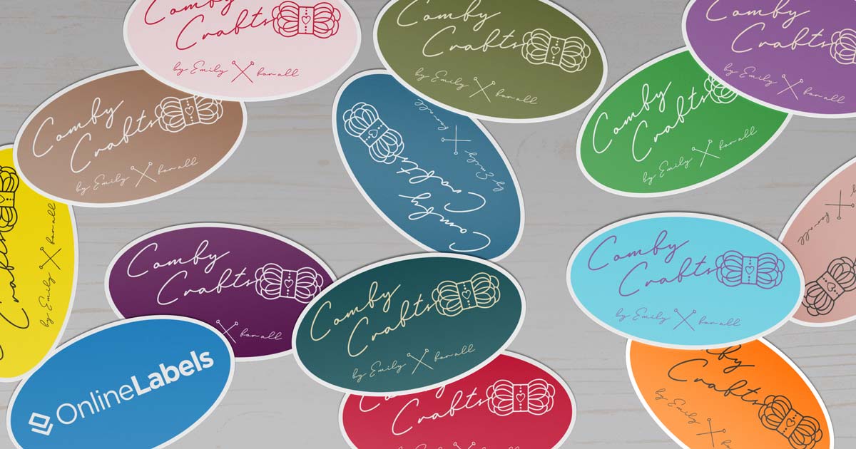Assortment of multi-colored stickers with a fancy cursive font