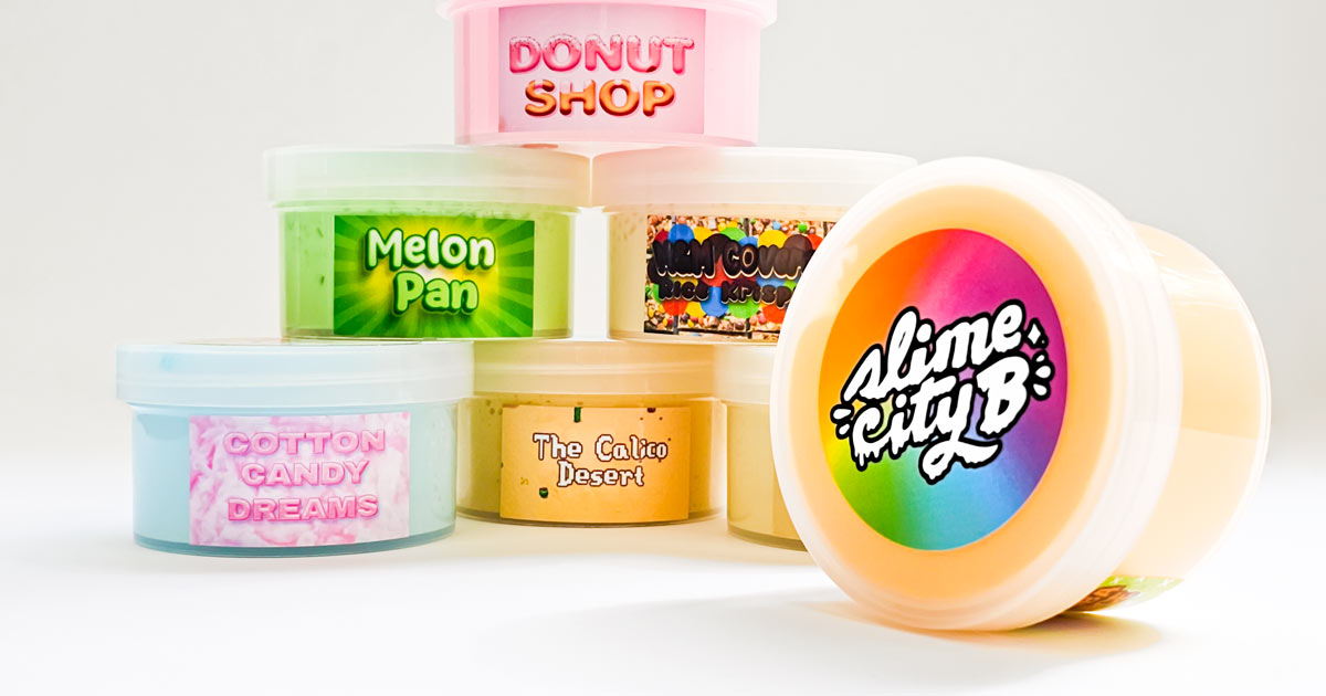 Pyramid of slimes in their containers with unique product labels