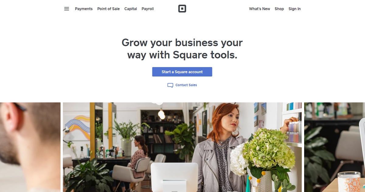 Square homepage: payment gateway option for small businesses.
