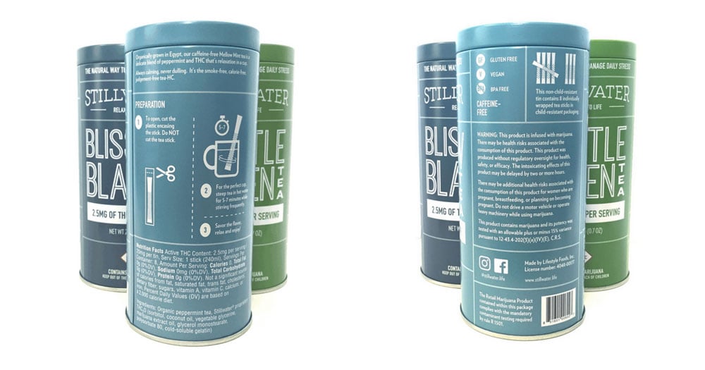 Front and back of cannabis product and compliance information.