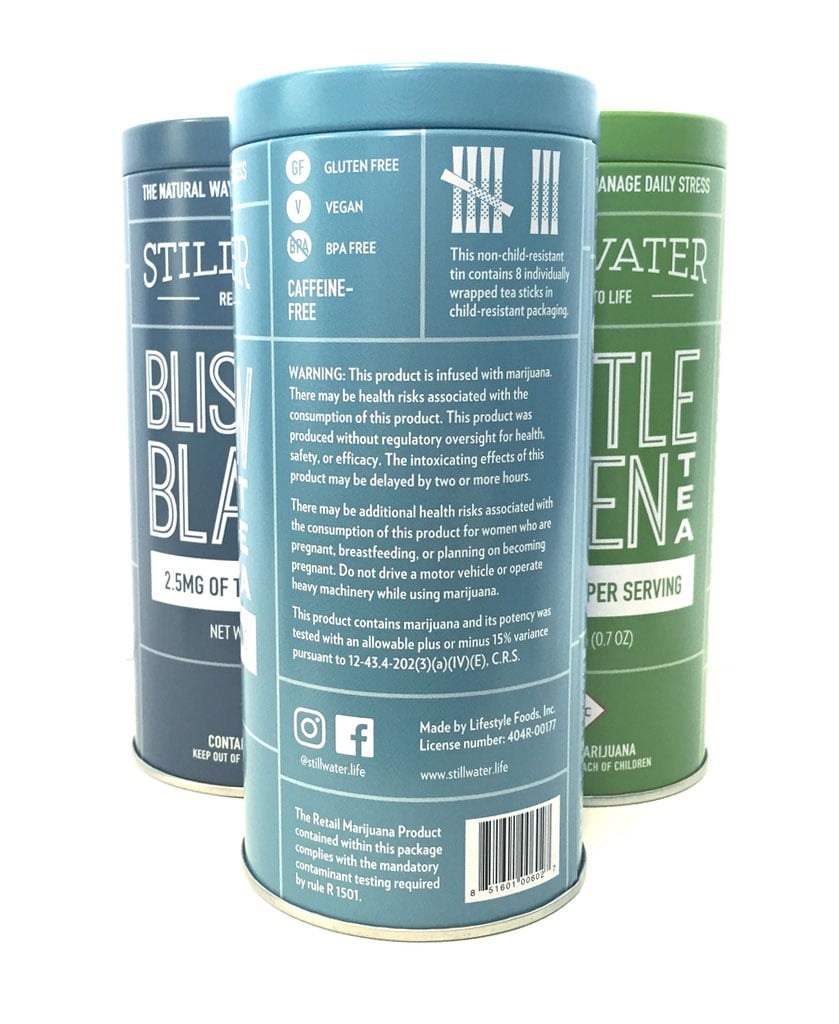 Side of Stillwater's marijuana tea packaging