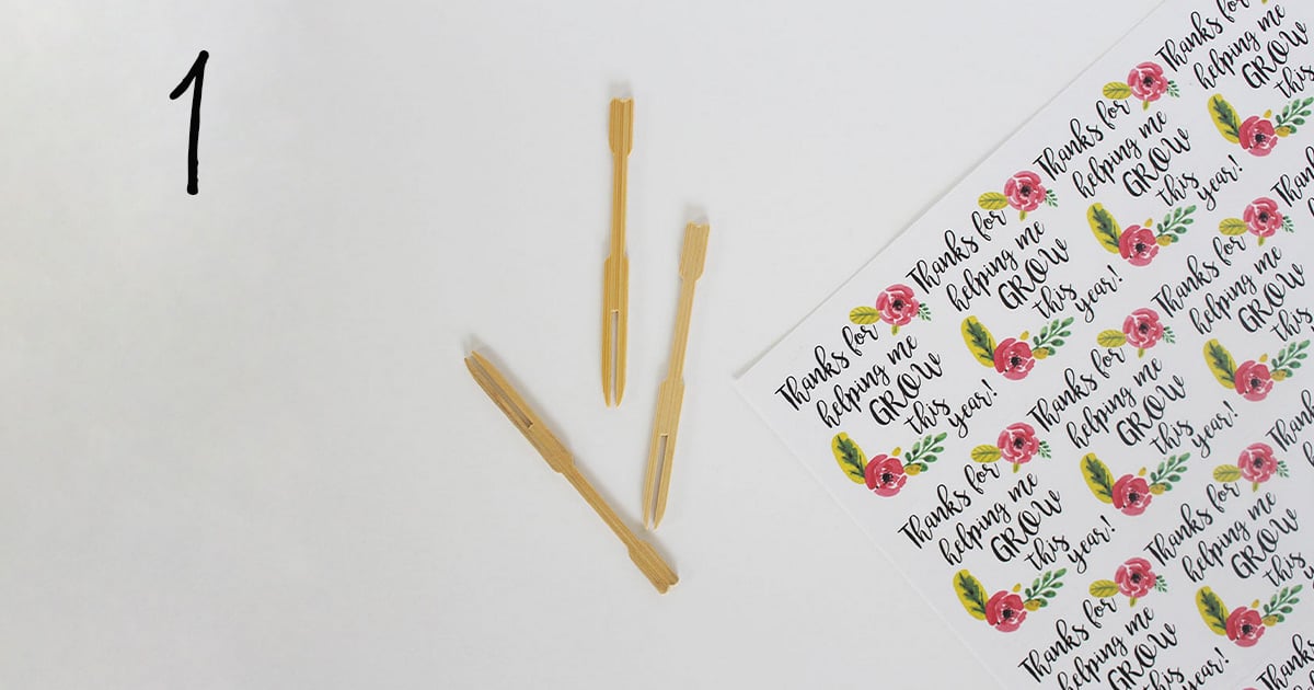 How to assemble your "thanks for helping me grow" printable label template on sticks to add to a flower pot for your child's teacher, step 1