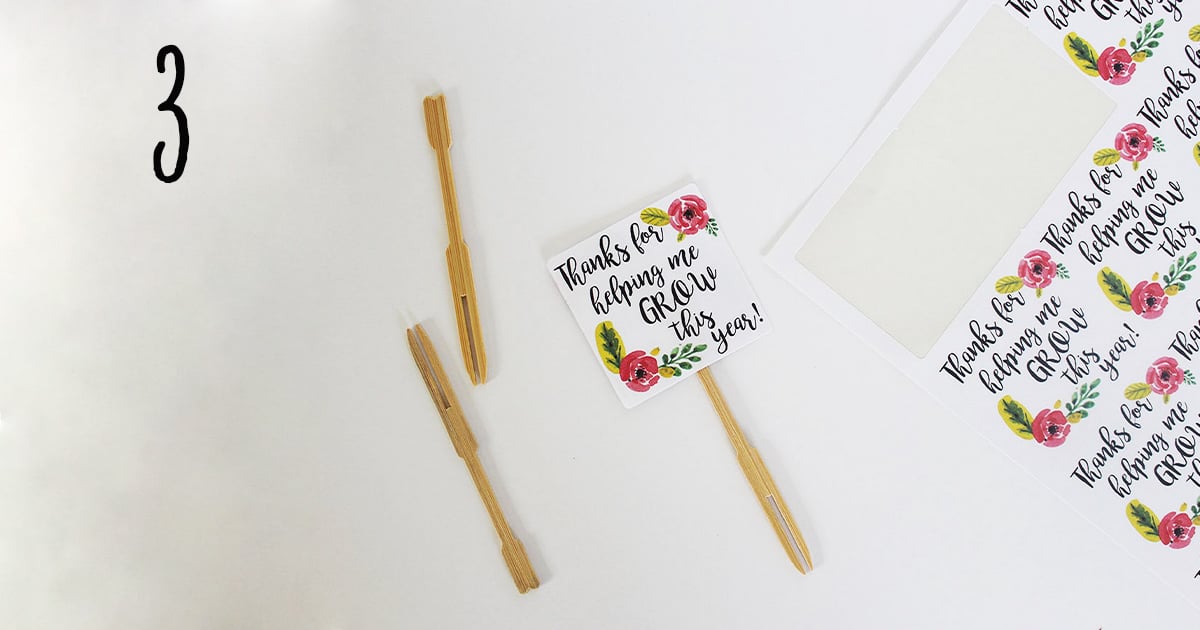 How to assemble your "thanks for helping me grow" printable label template on sticks to add to a flower pot for your child's teacher, step 3