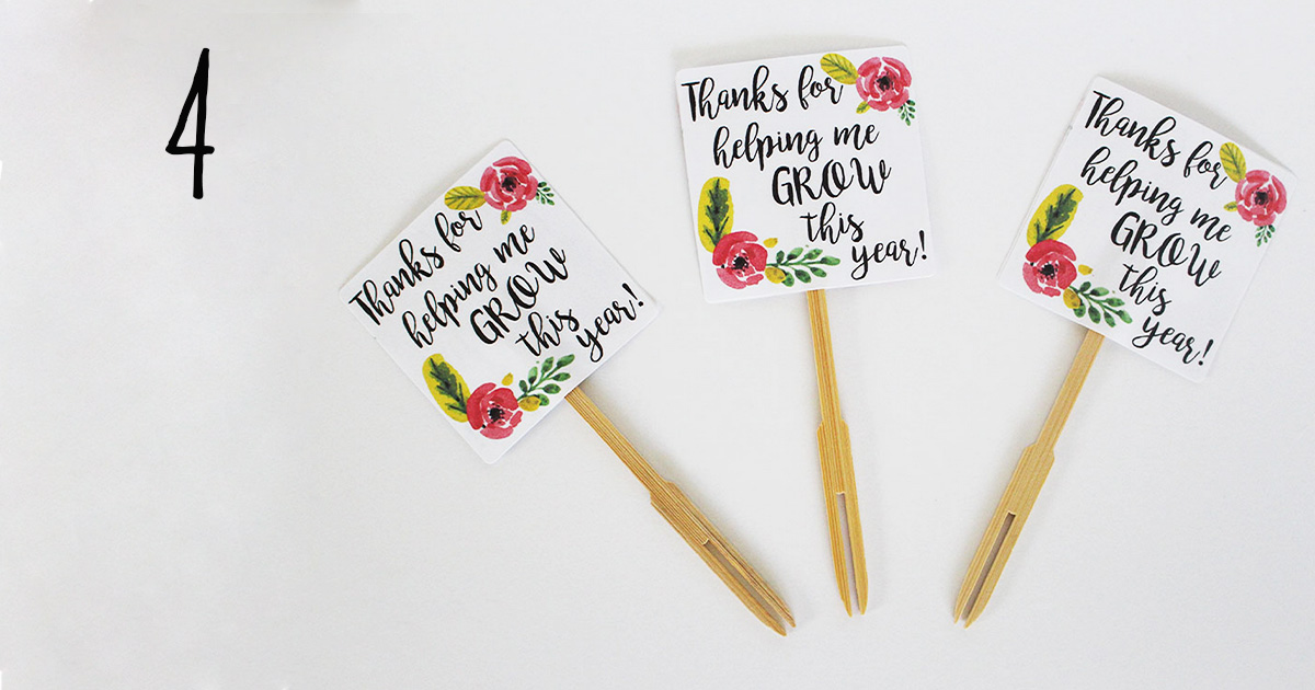 How to assemble your "thanks for helping me grow" printable label template on sticks to add to a flower pot for your child's teacher, step 4