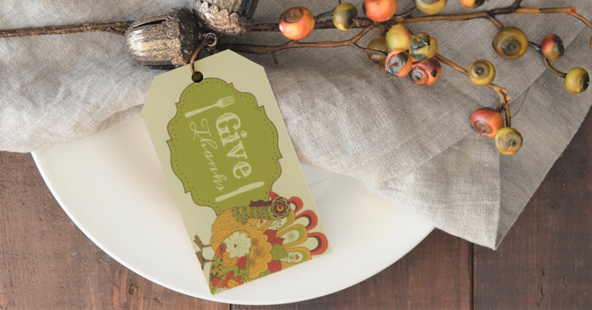 Give Thanks printable cardstock tag template in use