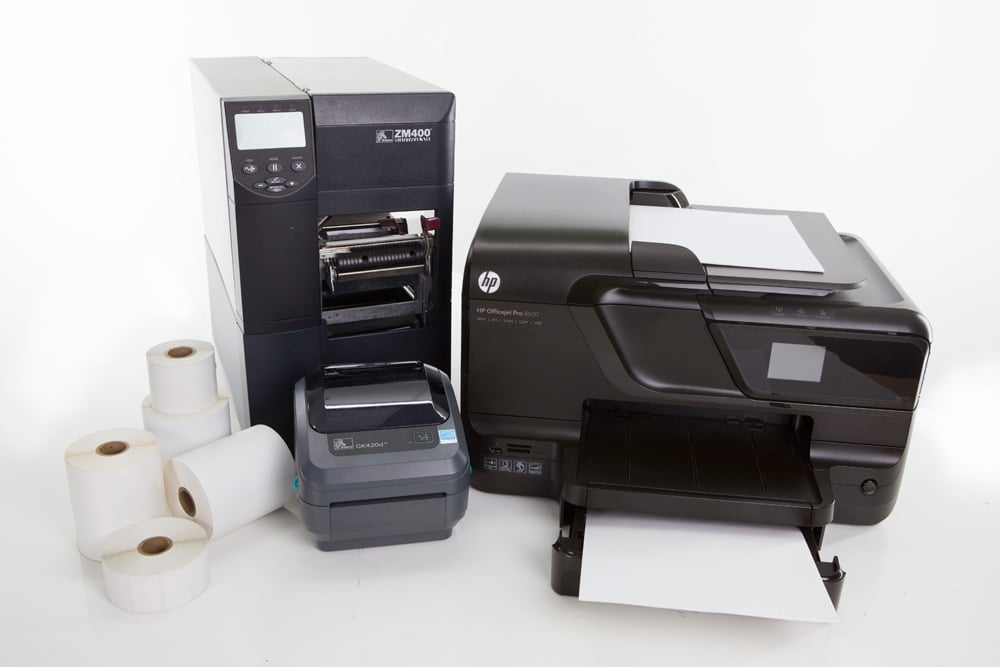Dedicated roll printers with roll labels and laser printer with sheet labels