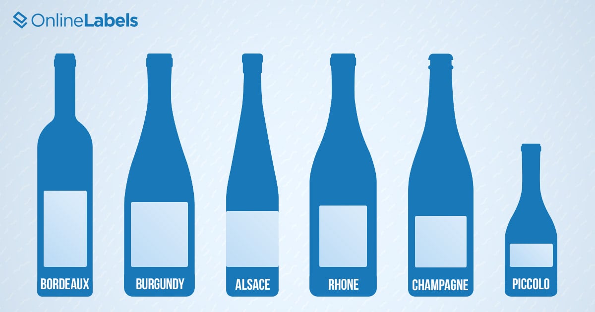 Illustration of different wine bottle shapes with labels