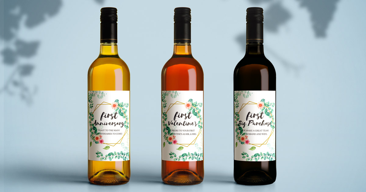 Assorted wine bottles with floral marriage milestones labels