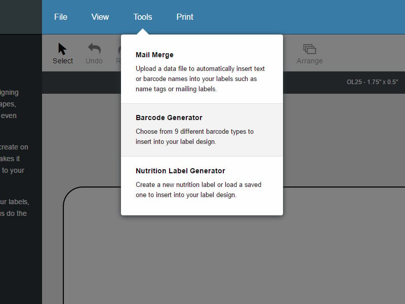 Maestro Label Designer Tool Menu