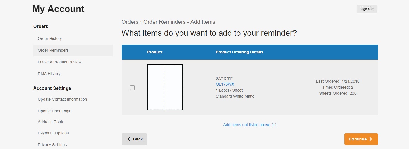 Choose from previous orders