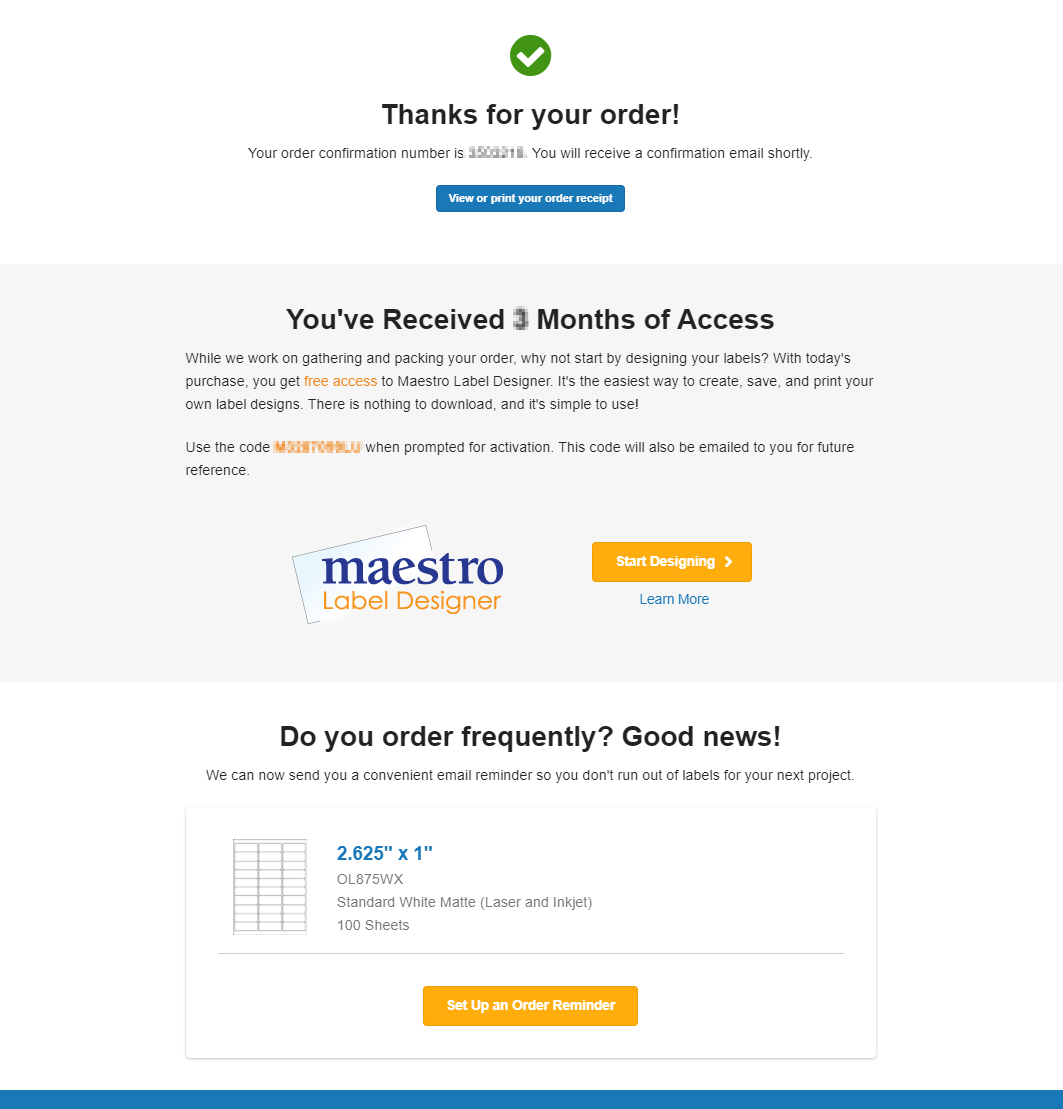 Order confirmation page with order reminder prompt