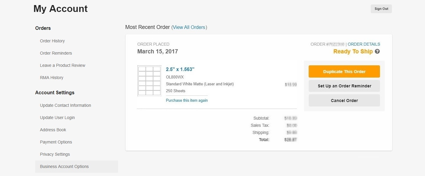 Account Options menu