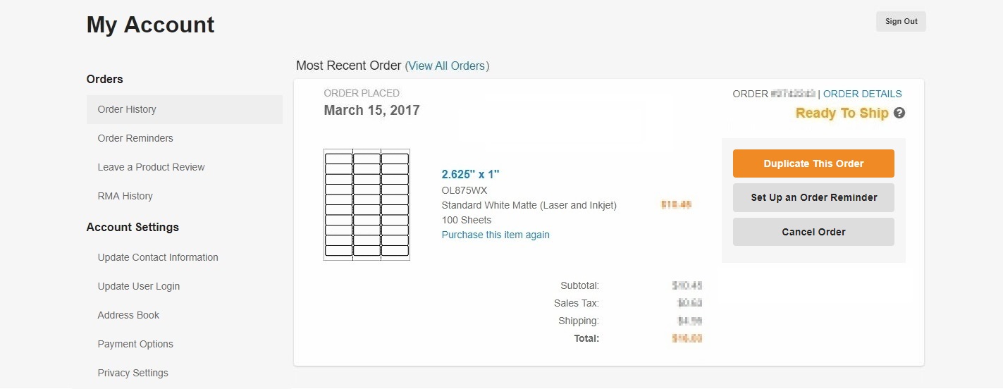 My Account homepage at OnlineLabels.com