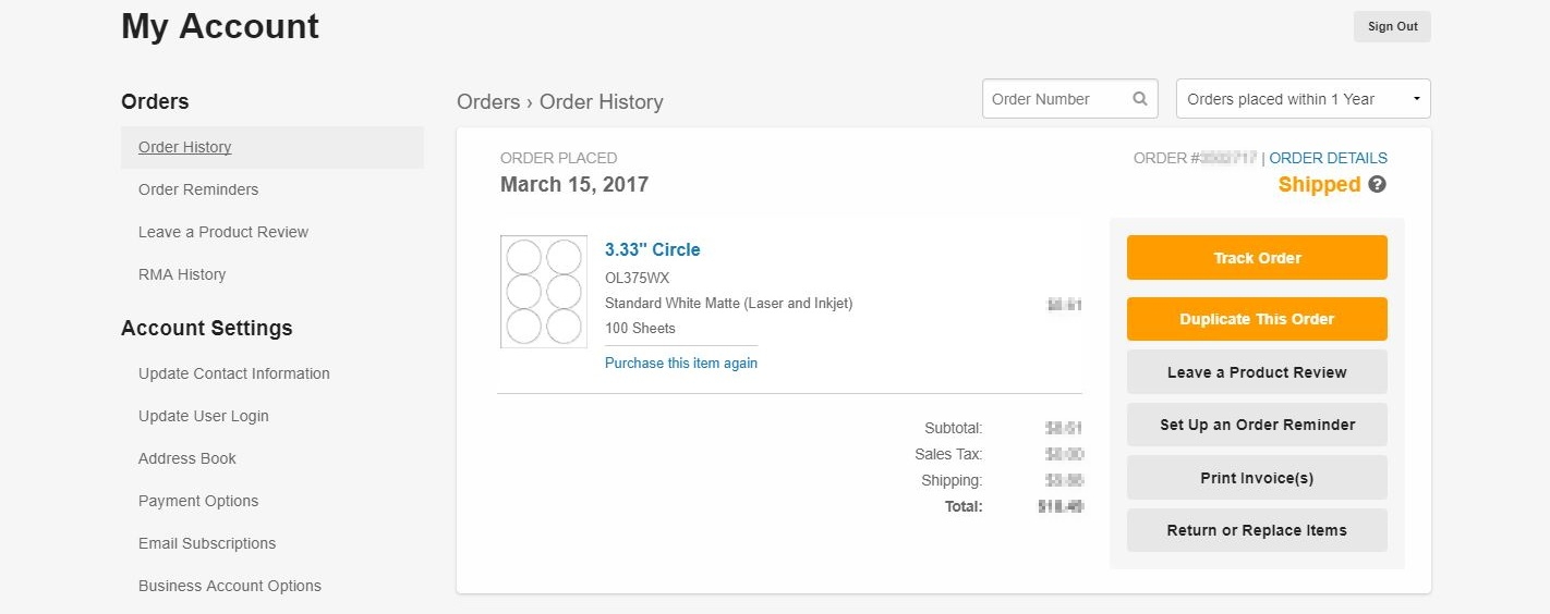Order history button with tracking