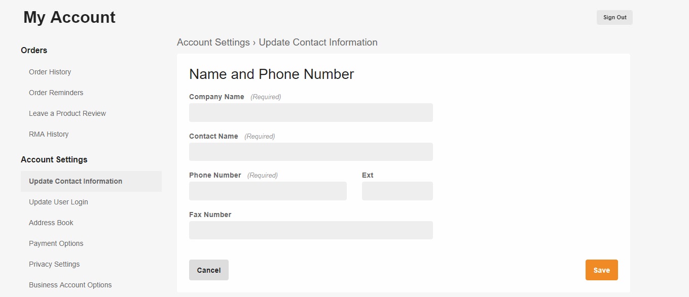 Update contact information screen