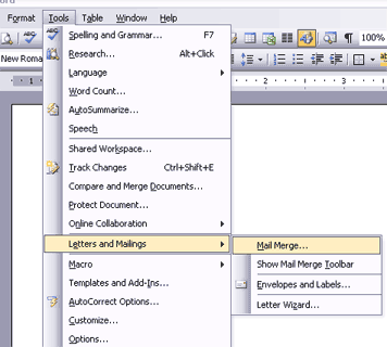 Finding mail merge in Tools menu of Word 2003
